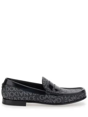 'City' Black Loafers With All-Over Logo In Cotton And Leather Man