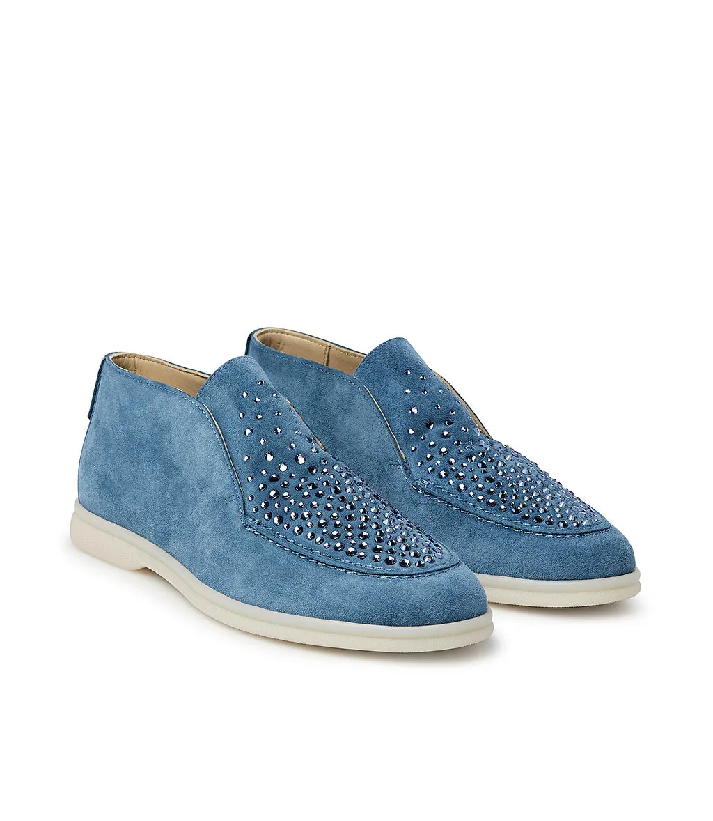 Crystal-embellished Blue suede loafers