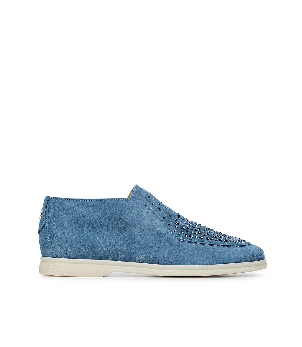 Crystal-embellished Blue suede loafers