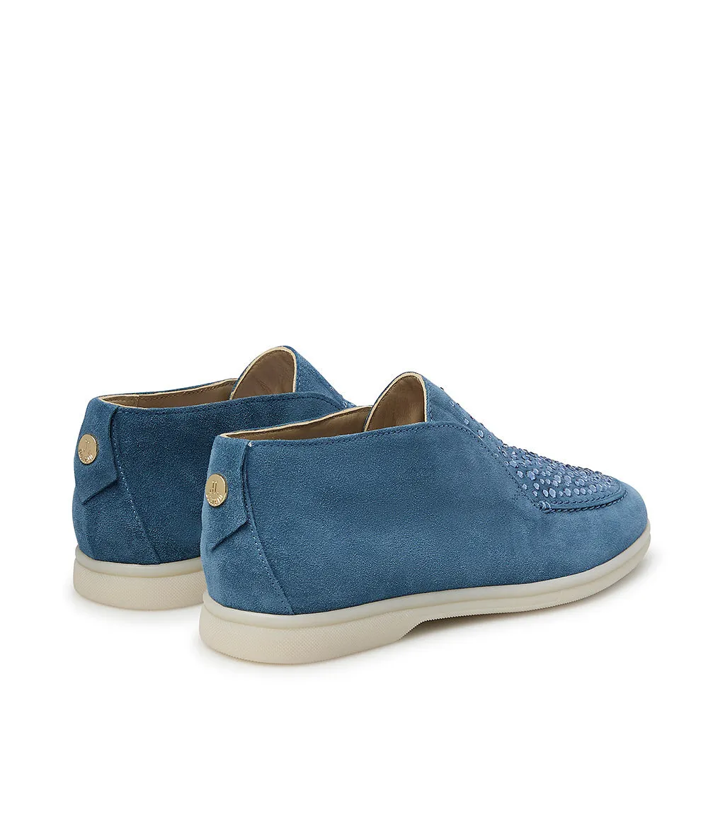 Crystal-embellished Blue suede loafers
