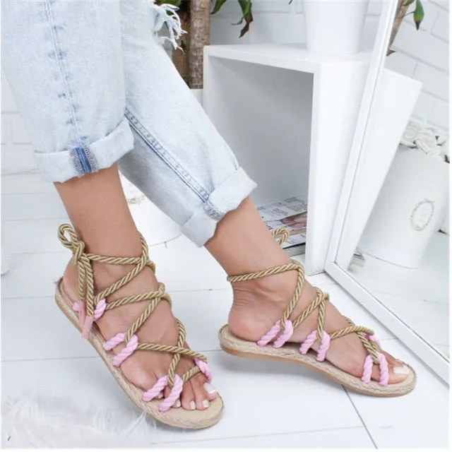 Customizable Women Sandals – Summer Flat Sandals with Hemp Rope Lace Up Gladiator Design