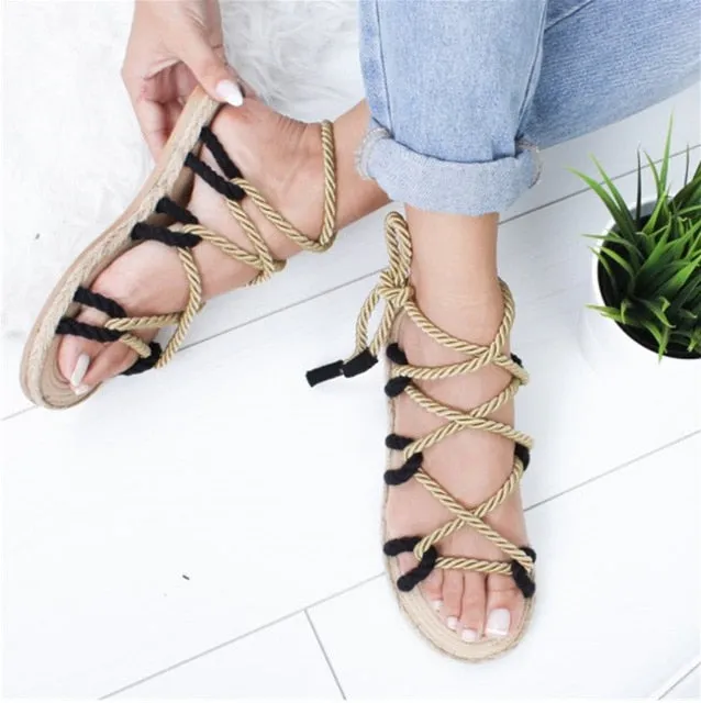 Customizable Women Sandals – Summer Flat Sandals with Hemp Rope Lace Up Gladiator Design