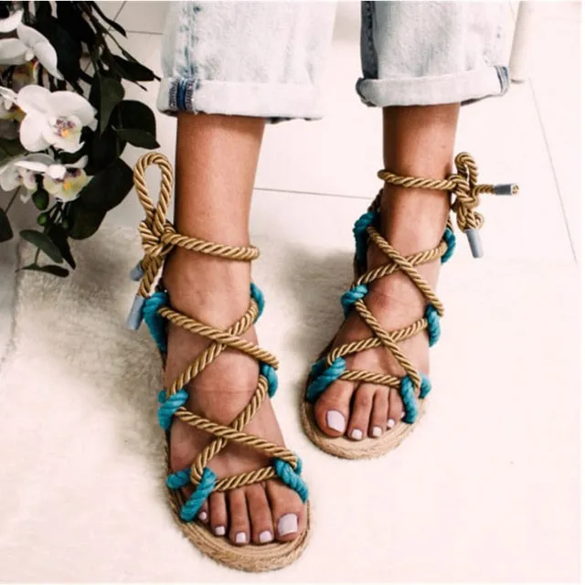 Customizable Women Sandals – Summer Flat Sandals with Hemp Rope Lace Up Gladiator Design