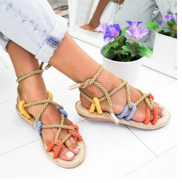 Customizable Women Sandals – Summer Flat Sandals with Hemp Rope Lace Up Gladiator Design