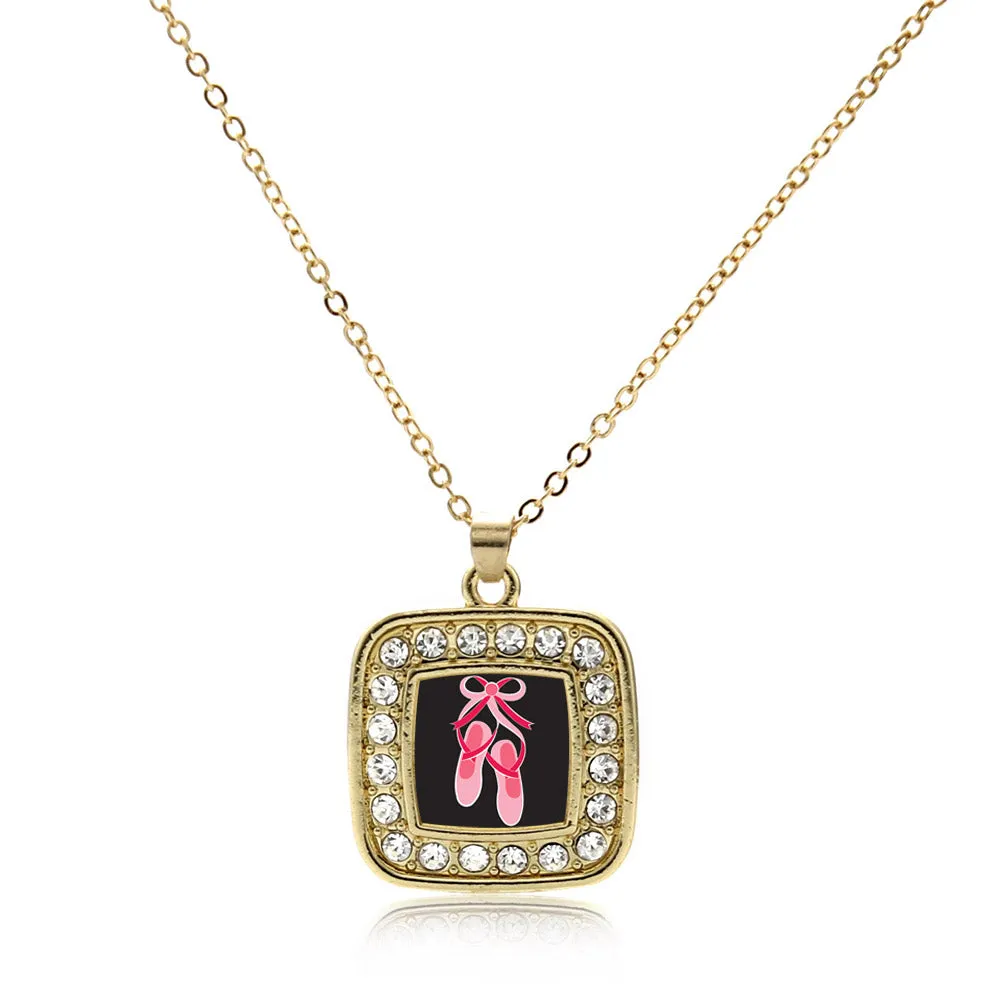 Gold Ballerina Slippers Square Charm Classic Necklace