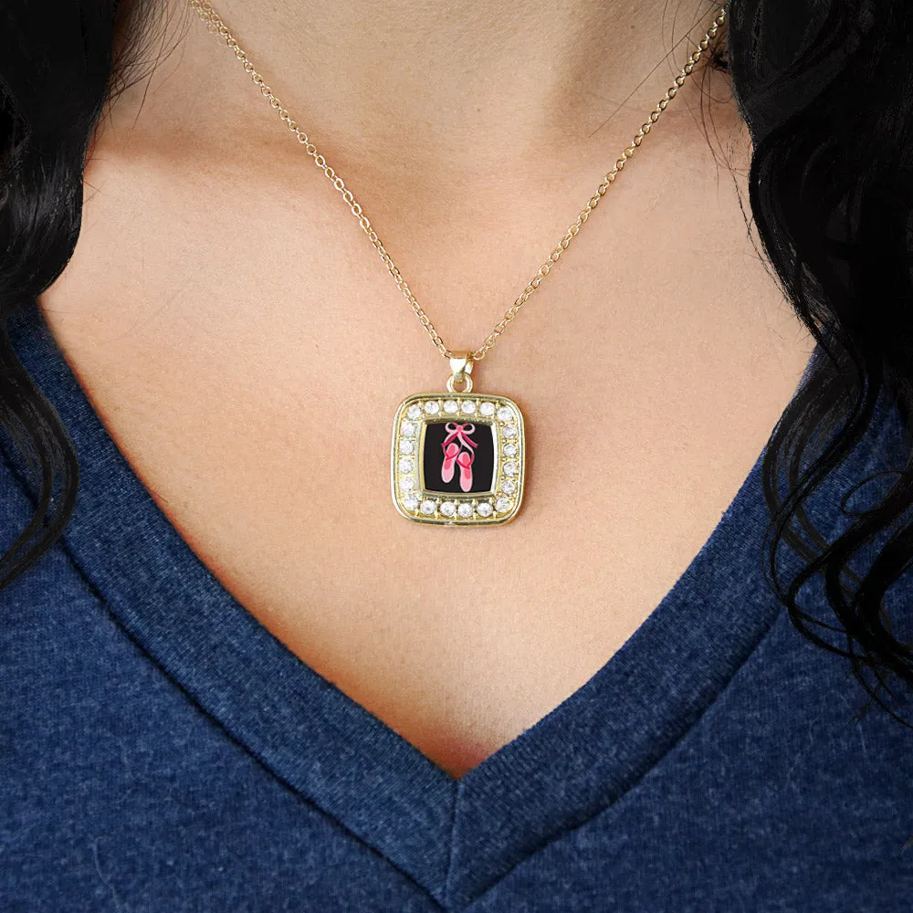 Gold Ballerina Slippers Square Charm Classic Necklace