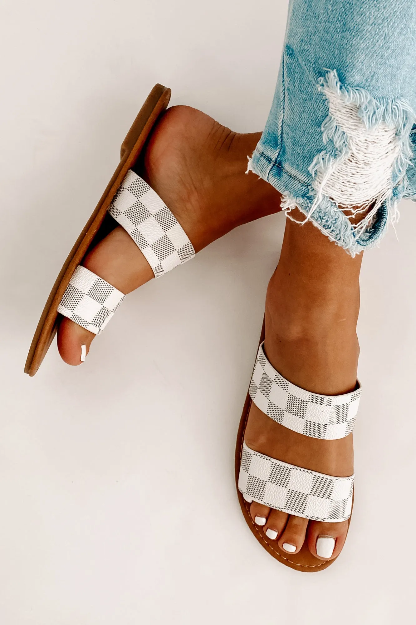 IMPERFECT Trendy Traditions Checkered Print Double Strap Sandals (White)