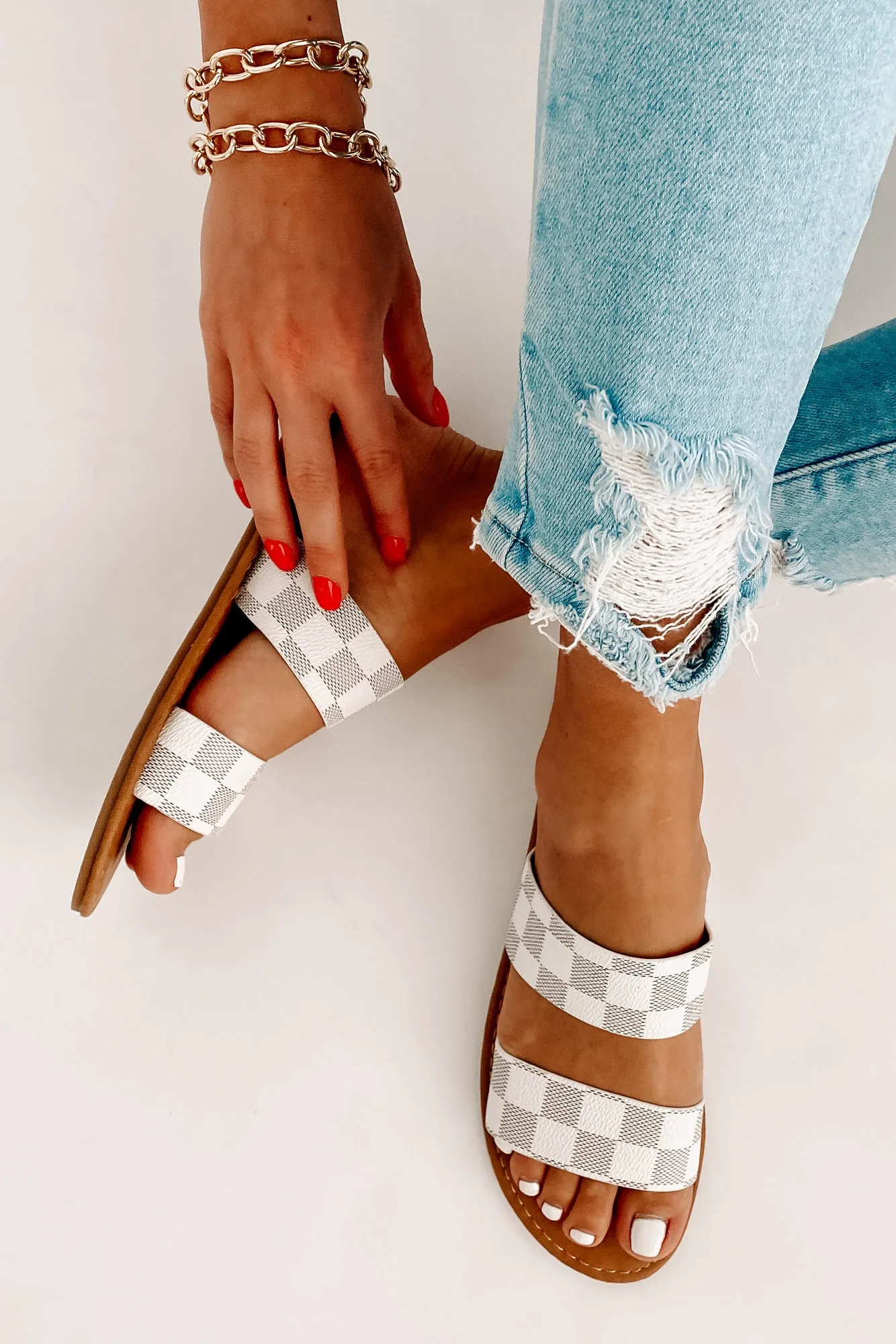 IMPERFECT Trendy Traditions Checkered Print Double Strap Sandals (White)