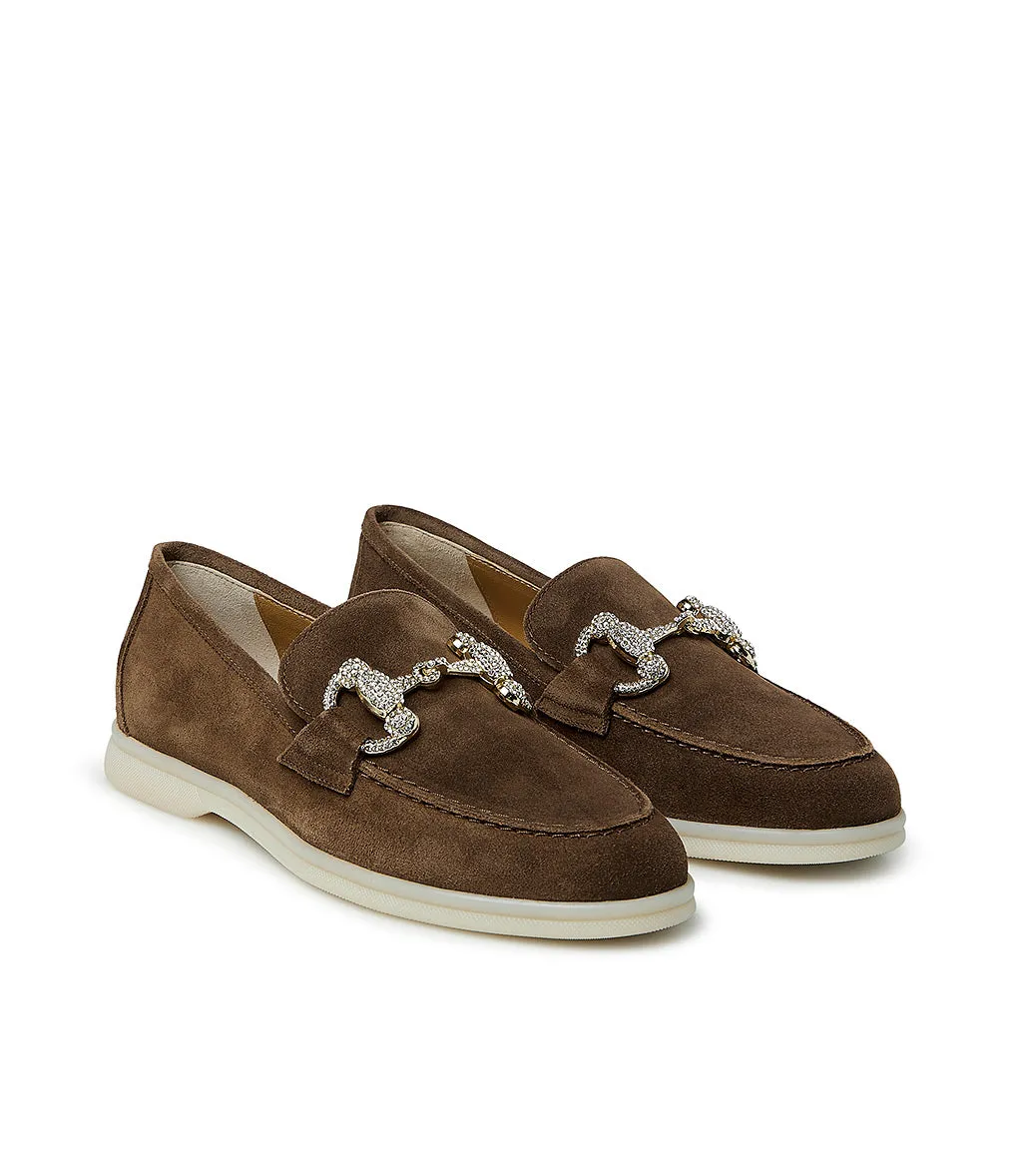 Jewel-buckle Acorn-tone suede loafers