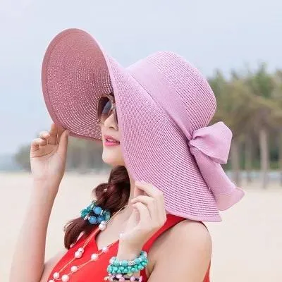 Large Brim Solid Color Floppy Hat Sun Hat Beach Women Hat Foldable Summer UV Protect Travel Casual Hat Female