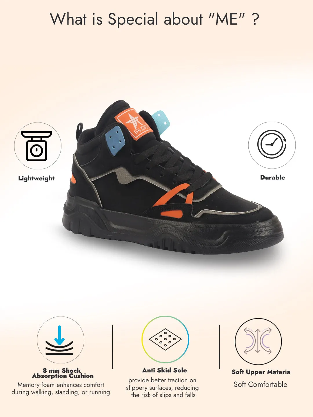 Men Black Colorblocked High Top Feather Lite Lace Up Sneakers|High Ankle Sneaker Shoes|Chunky Lace Up Casual Shoes