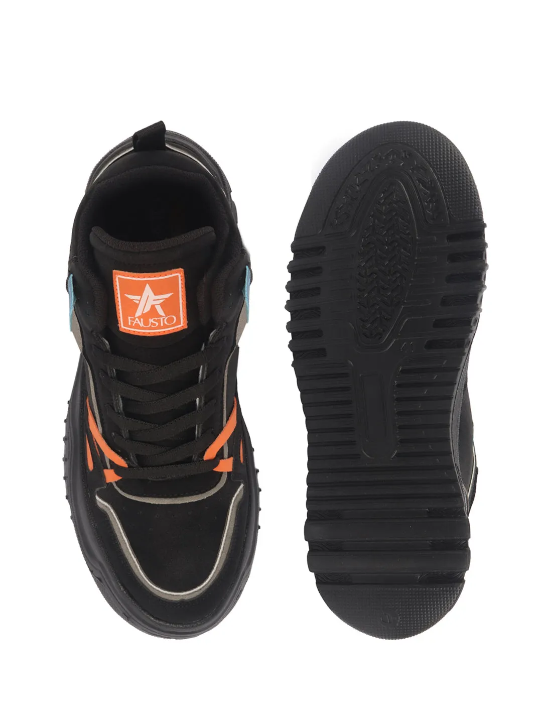 Men Black Colorblocked High Top Feather Lite Lace Up Sneakers|High Ankle Sneaker Shoes|Chunky Lace Up Casual Shoes
