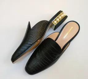 Nicholas Kirkwood Casati Pearl Loafers Black Croc Embossed Leather Moccasin Mule Flats