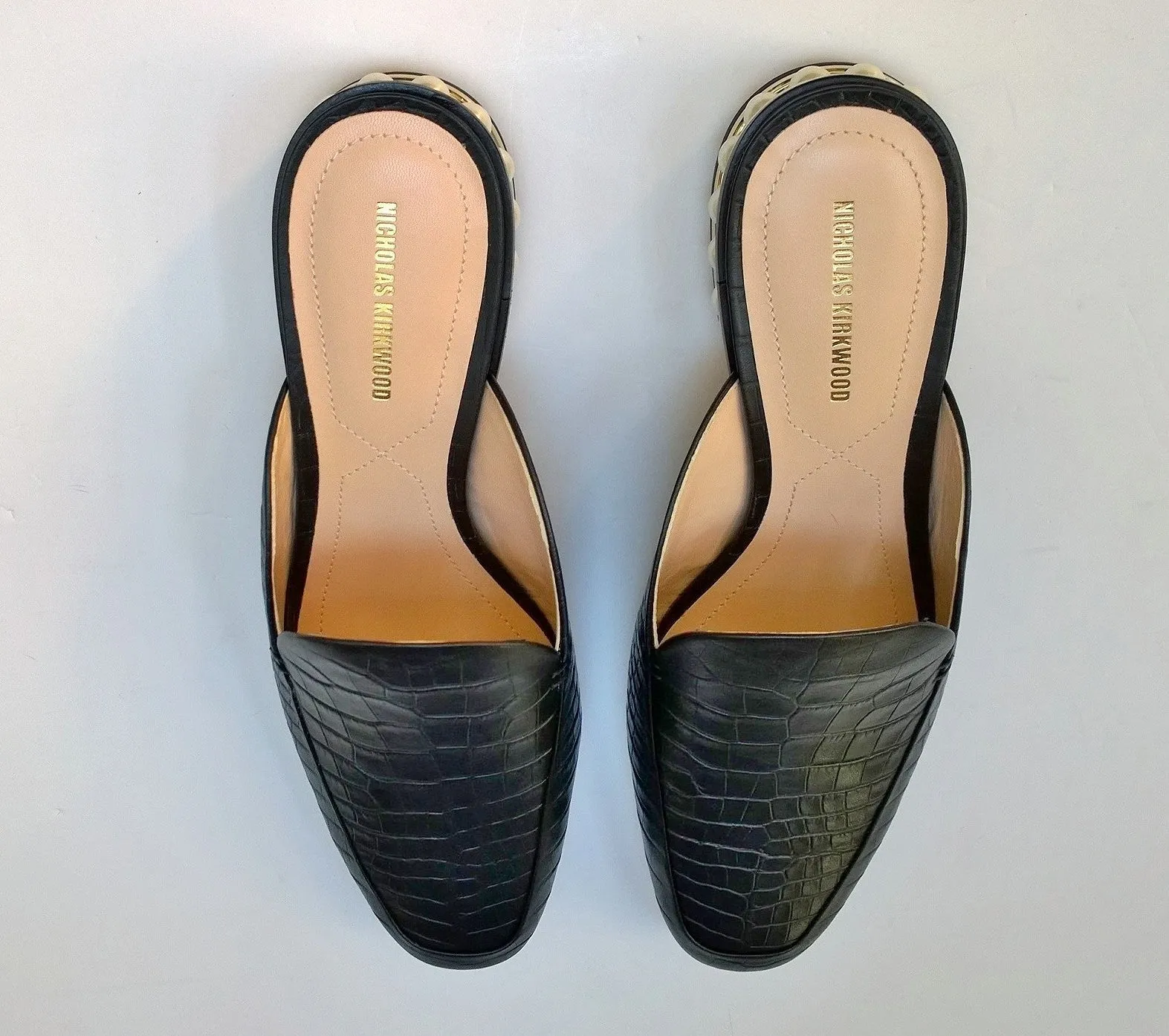 Nicholas Kirkwood Casati Pearl Loafers Black Croc Embossed Leather Moccasin Mule Flats