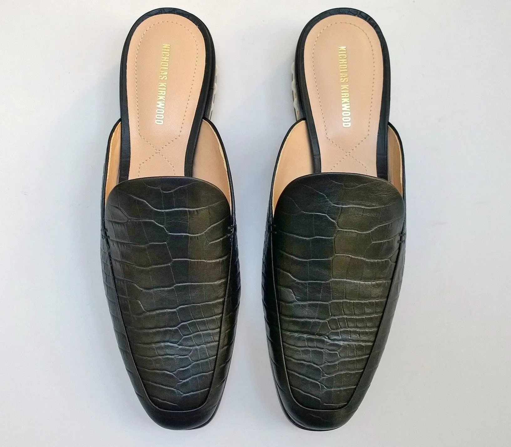 Nicholas Kirkwood Casati Pearl Loafers Black Croc Embossed Leather Moccasin Mule Flats