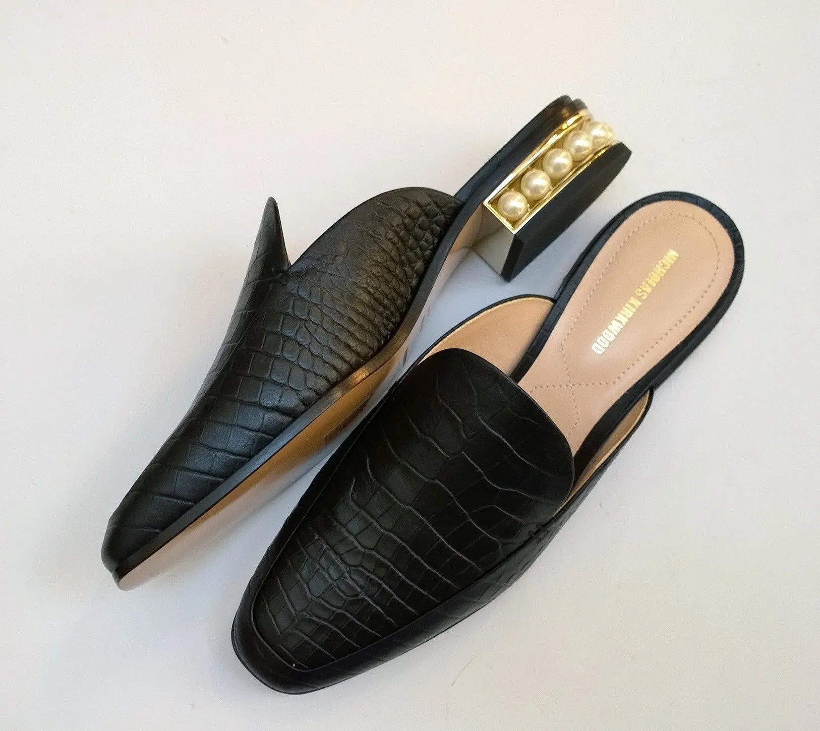 Nicholas Kirkwood Casati Pearl Loafers Black Croc Embossed Leather Moccasin Mule Flats