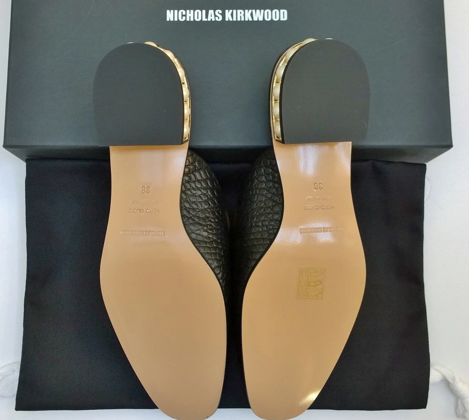 Nicholas Kirkwood Casati Pearl Loafers Black Croc Embossed Leather Moccasin Mule Flats