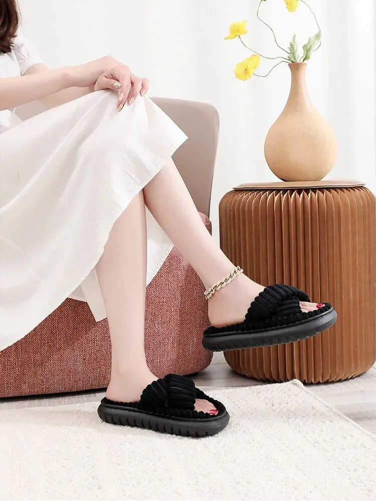 Open-Toe Cross Band Linen Soled Indoor Slippers For Winter