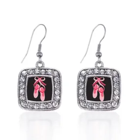 Silver Ballerina Slippers Square Charm Dangle Earrings