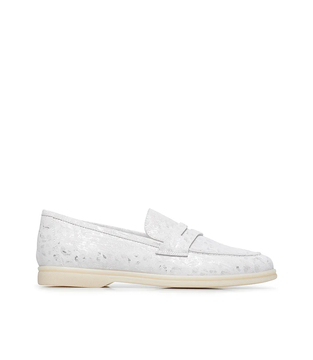 White and silver embossed suede loafers