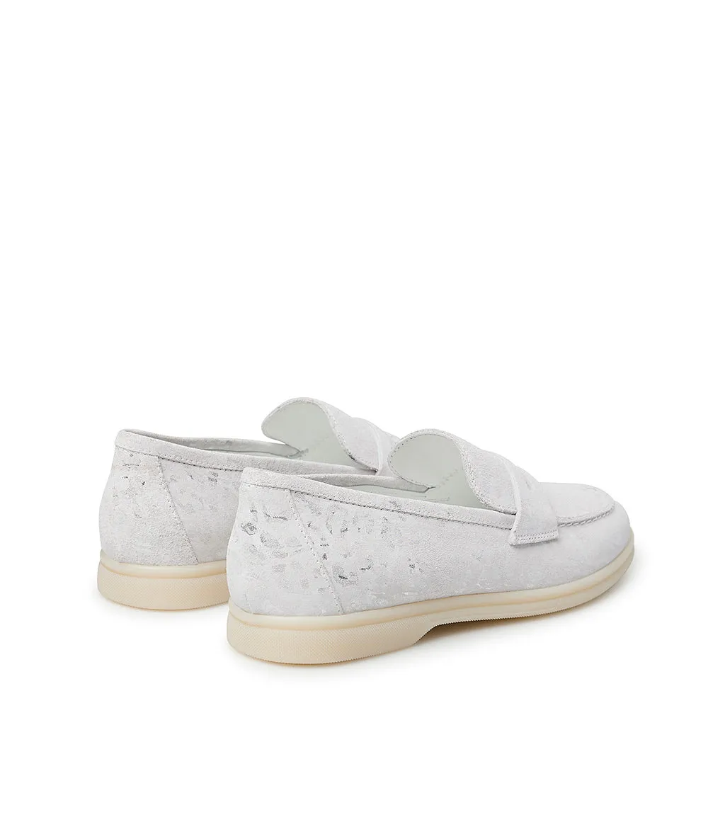 White and silver embossed suede loafers