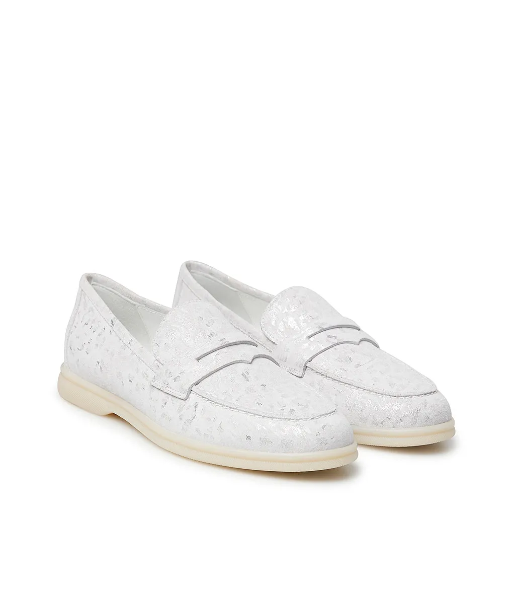 White and silver embossed suede loafers