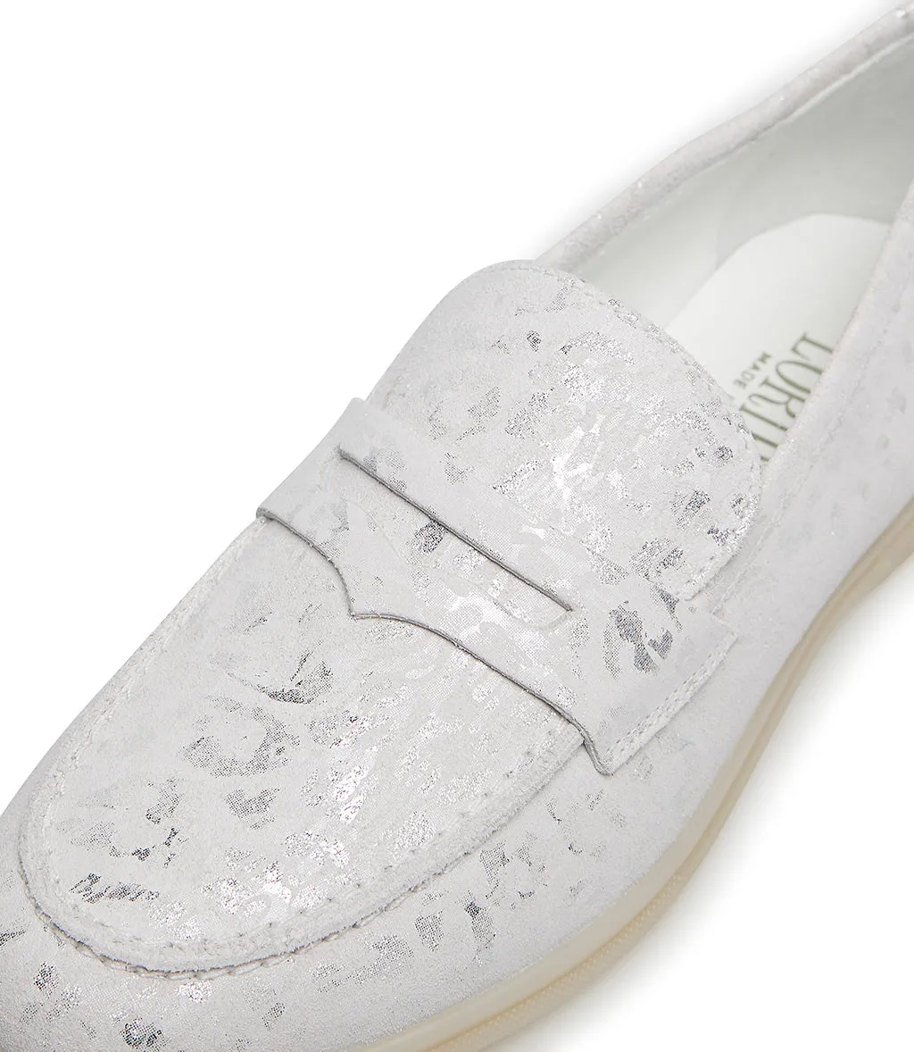 White and silver embossed suede loafers