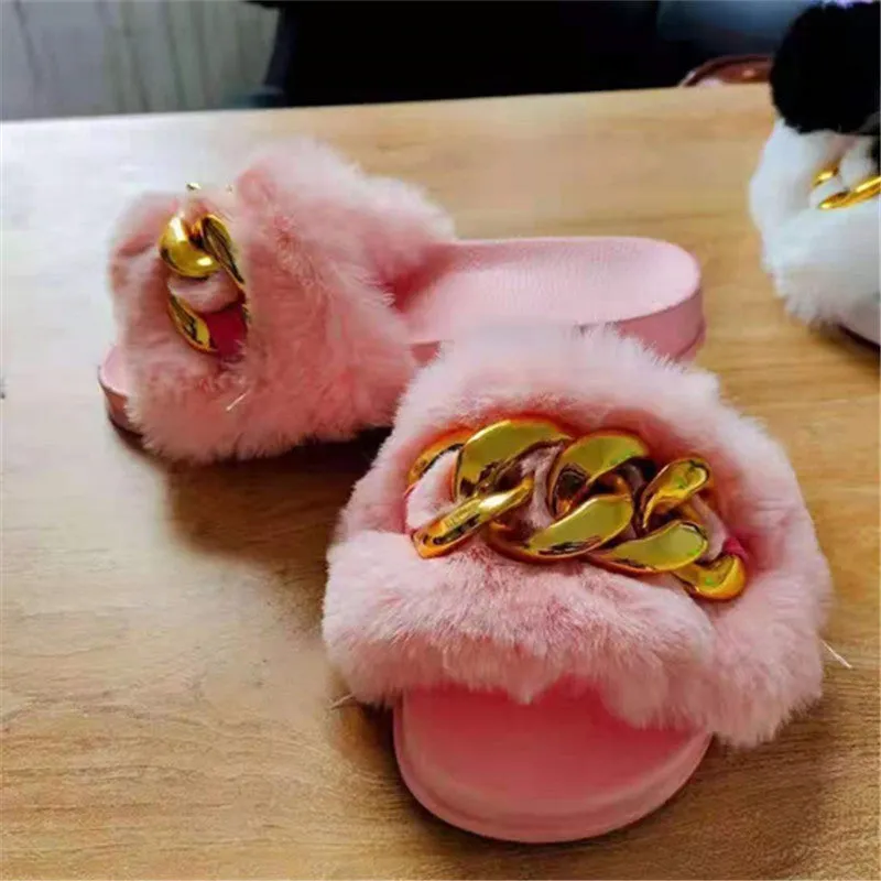 Women's Faux-Fur Slippers with Gold Links